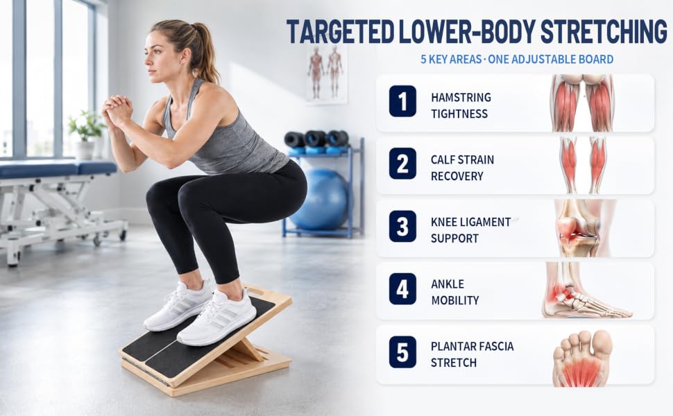 Person performing a calf stretch on the wooden slant board in a home gym