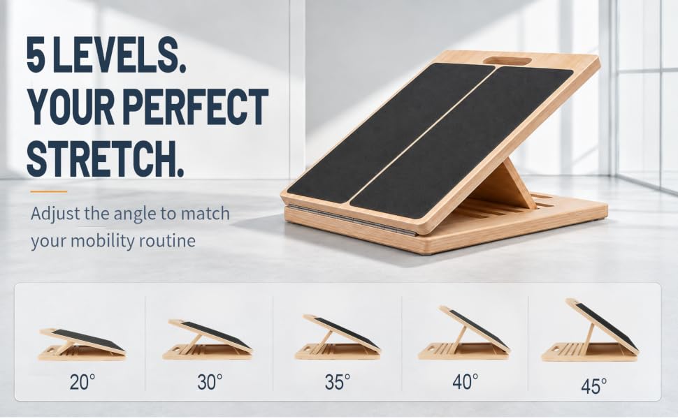 Adjustable wooden slant board showing five incline levels for the perfect stretch